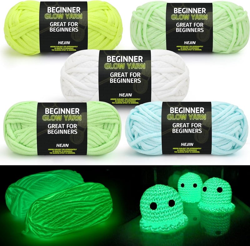 HEJIN 5x50g Glow in The Dark Yarn Set for Crocheting and Knitting; 5x51m (60yds) Yarn for Beginners with Easy-to-See Stitches; Worsted-Weight Medium #4; Beginners Crochet Kit - Image 1